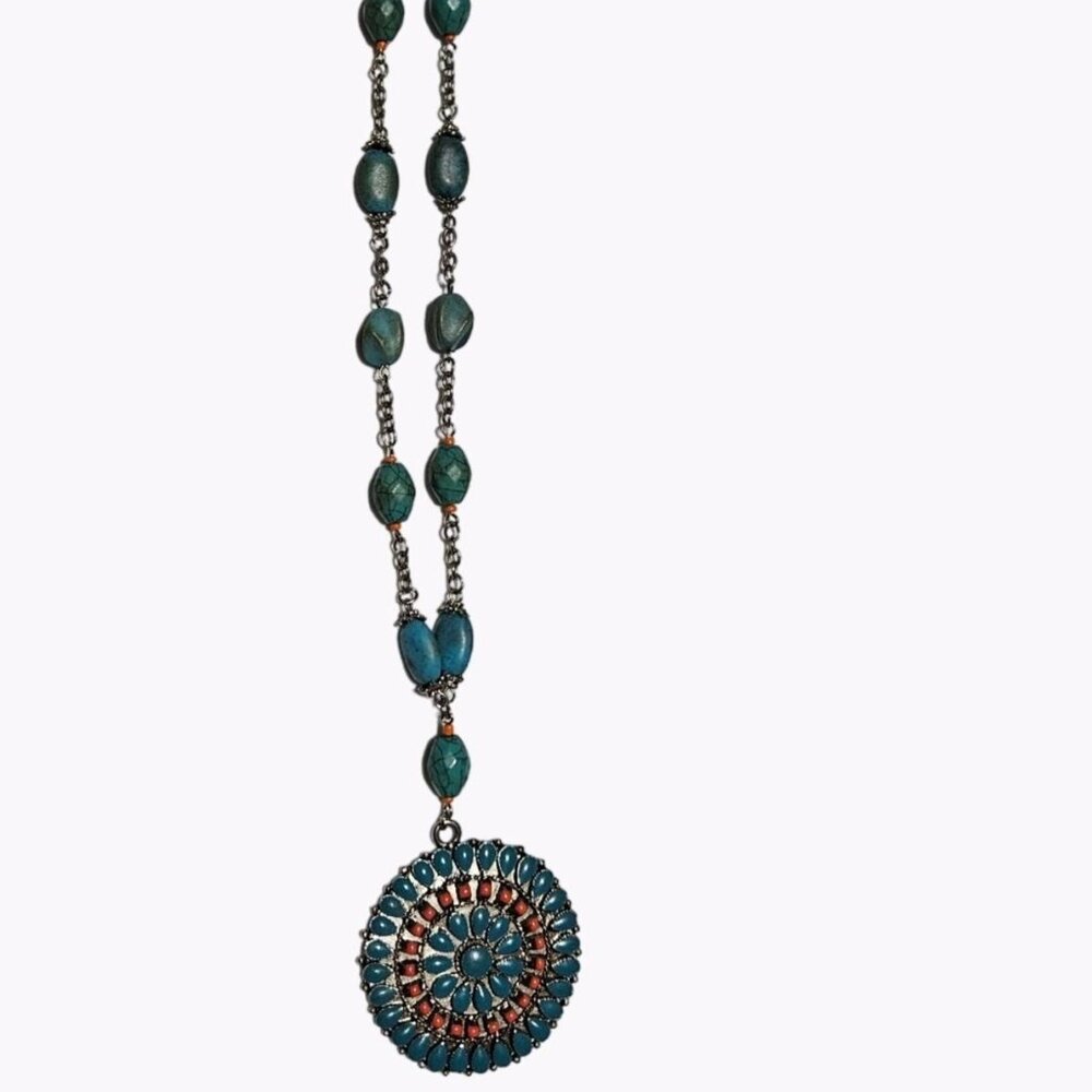 Vintage Native American Turquoise Sunbeam Concho Pendant Necklace Jewelry Women